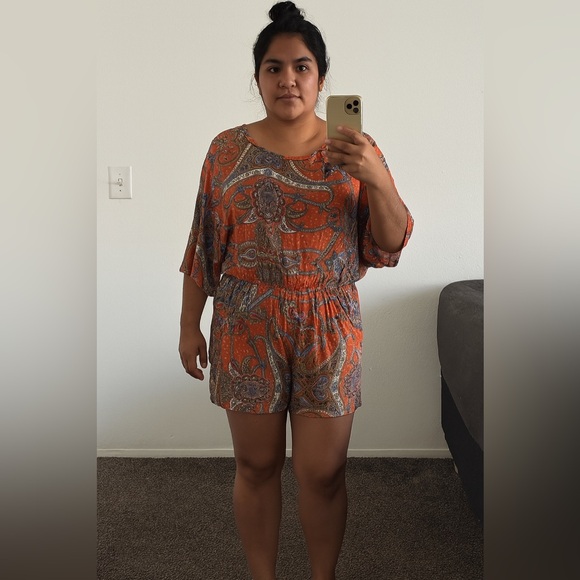 Angie Orange Blue 3/4 Sleeve One Piece ROMPER With Pockets - Picture 1 of 4